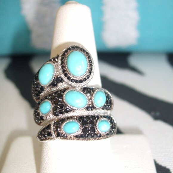 Judith Ripka Pave Black Spinel and Turquoise Ring size 8 NEW - Picture 2 of 4